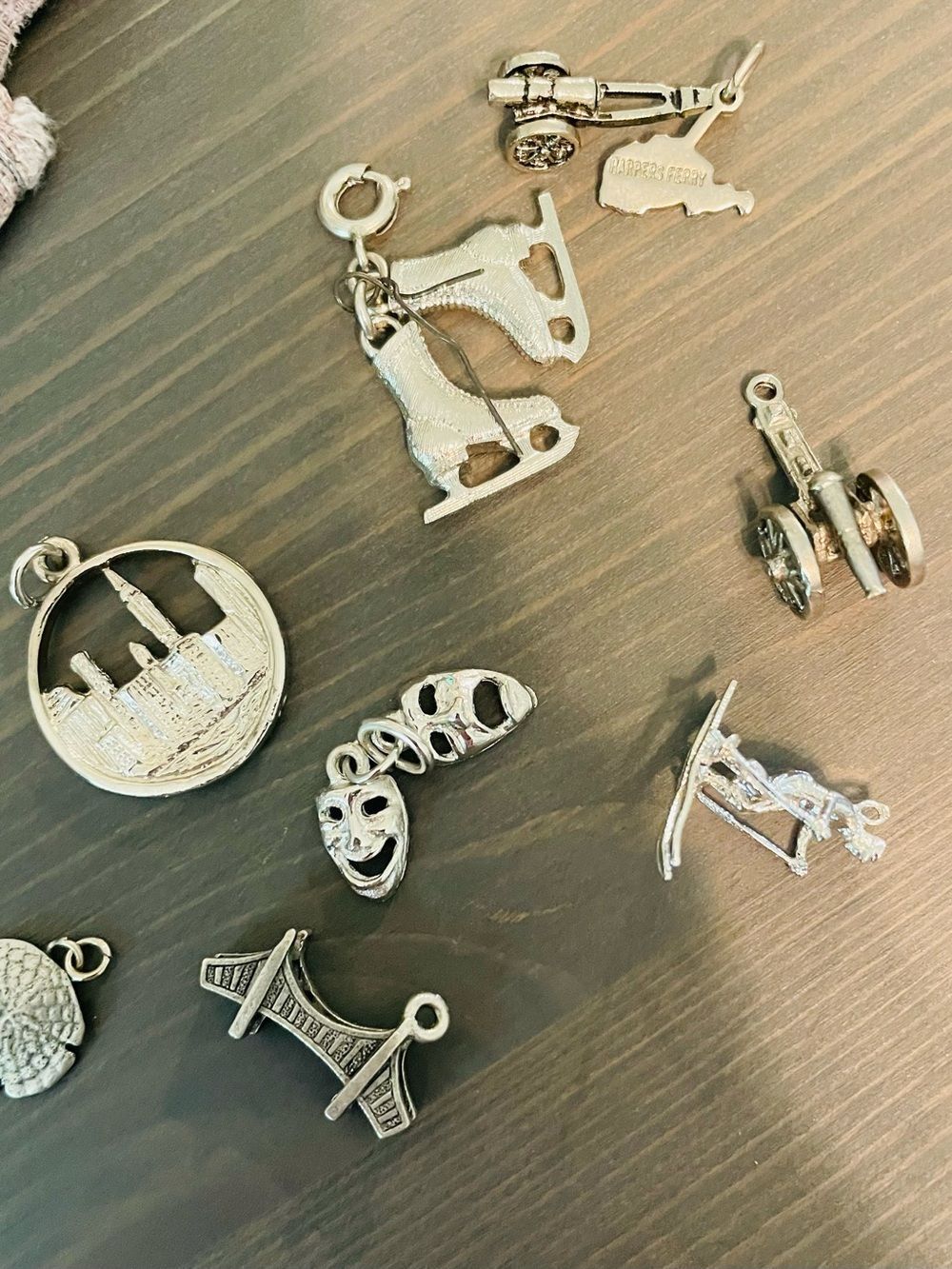 8 Silver Theater Travel ski skates Charms Mixed lot jewelry necklace vintage